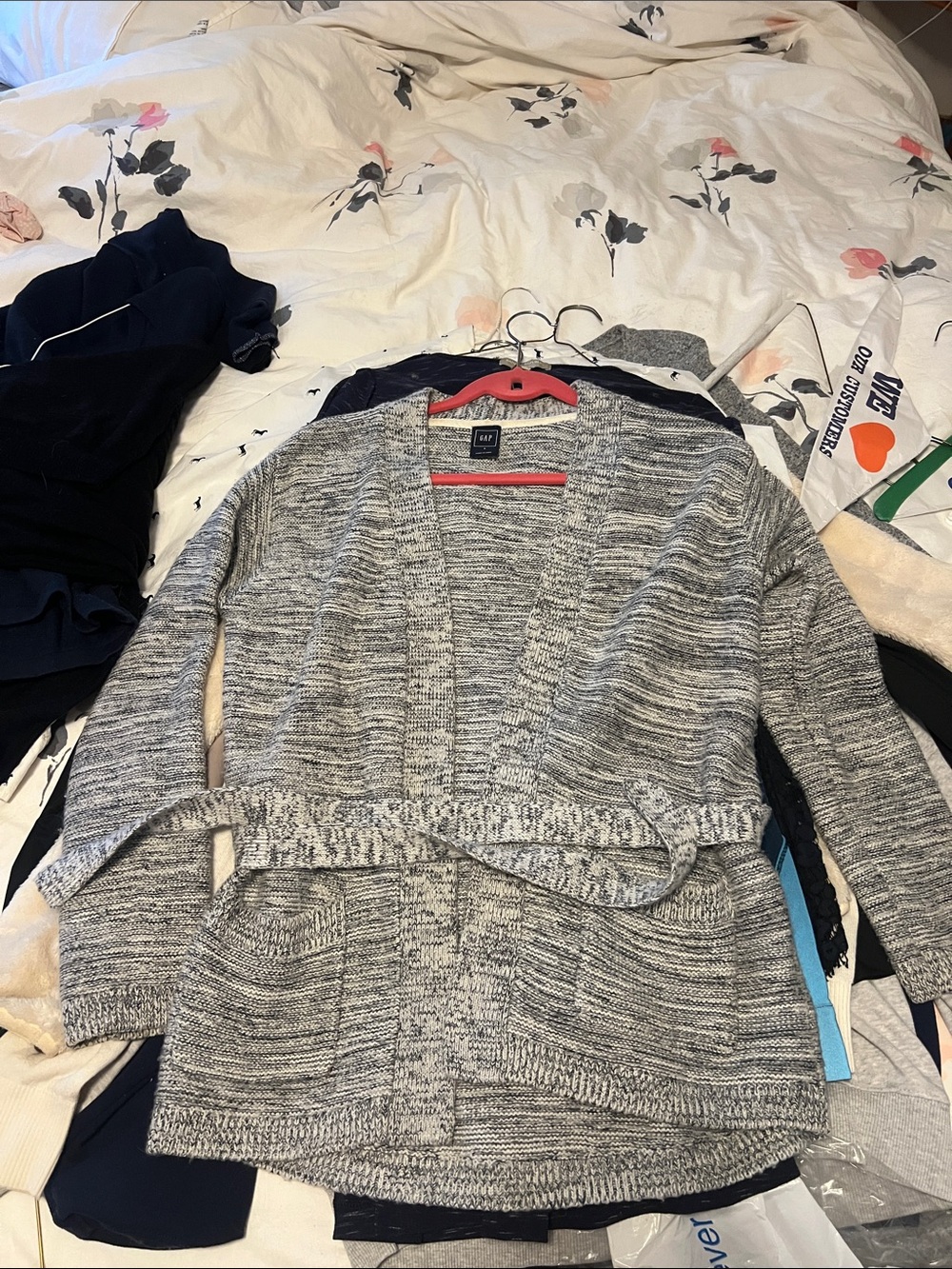 GAP Cozy Open-Front Marled Gray Belted Cardigan